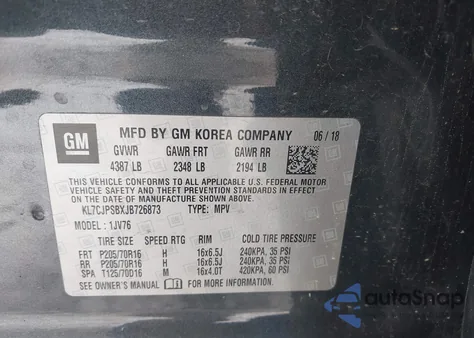 2018 Chevrolet Trax Lt z USA, uszkodzony, nr VIN KL7CJPSBXJB726873